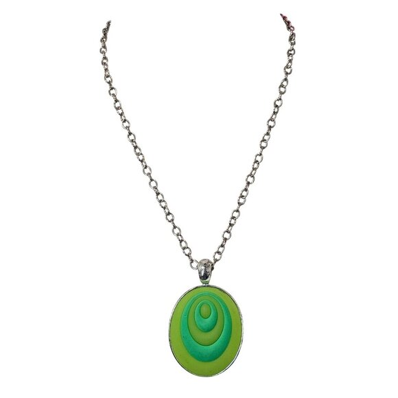 Green & Silver Retro Style Necklace With Circular Pendant On Adjustable Chain - Picture 2 of 5